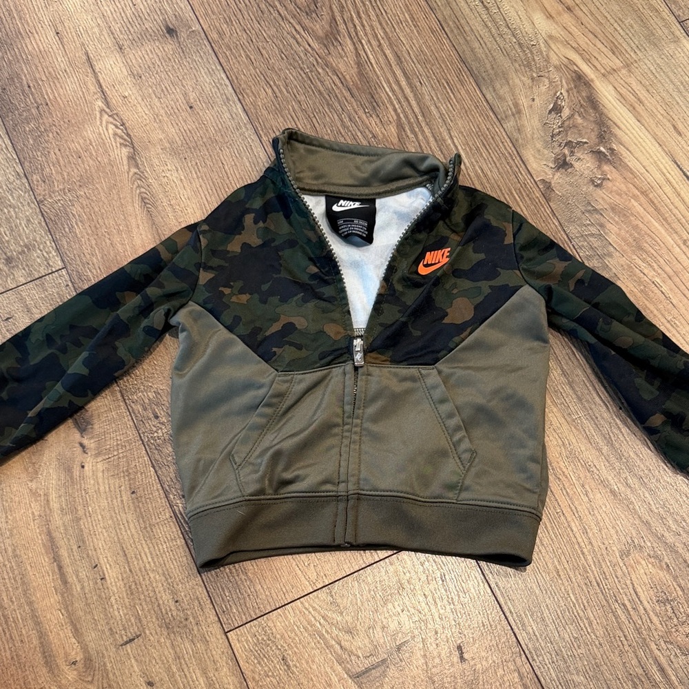 Nike Olive Green and Camo Kids Zip Jacket with Orange Swoosh